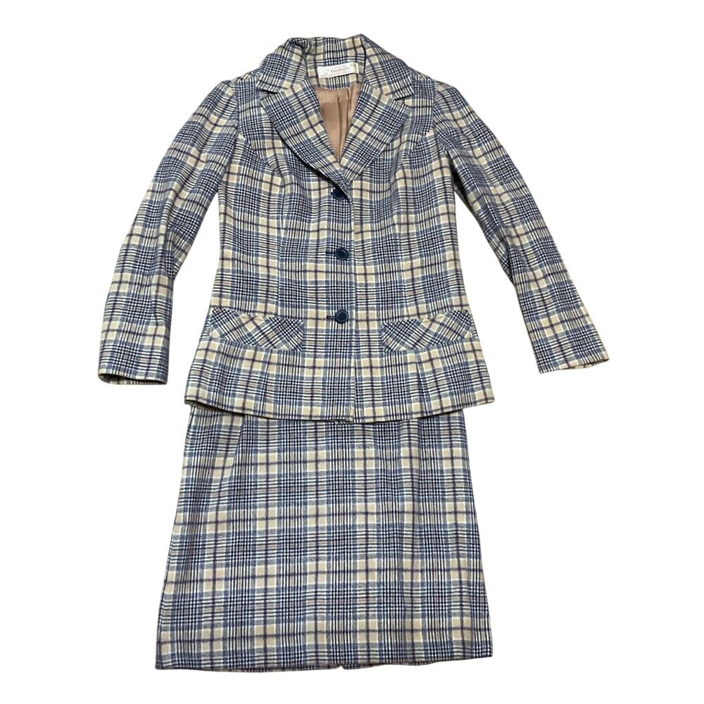 Vtg Young Pendleton Womens Plaid Skirt Suit 9/10 100% Virgin Wool Beige & Blue
